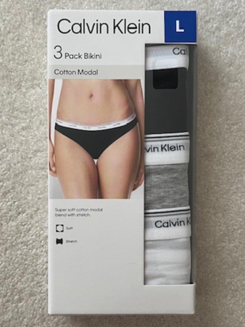 Calvin Klein 3- Pack White, Black, & Grey Bikini Cotton Modal L